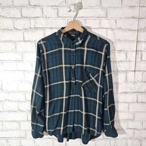 SANCTUARY Teal Half Button Plaid Shirt, M